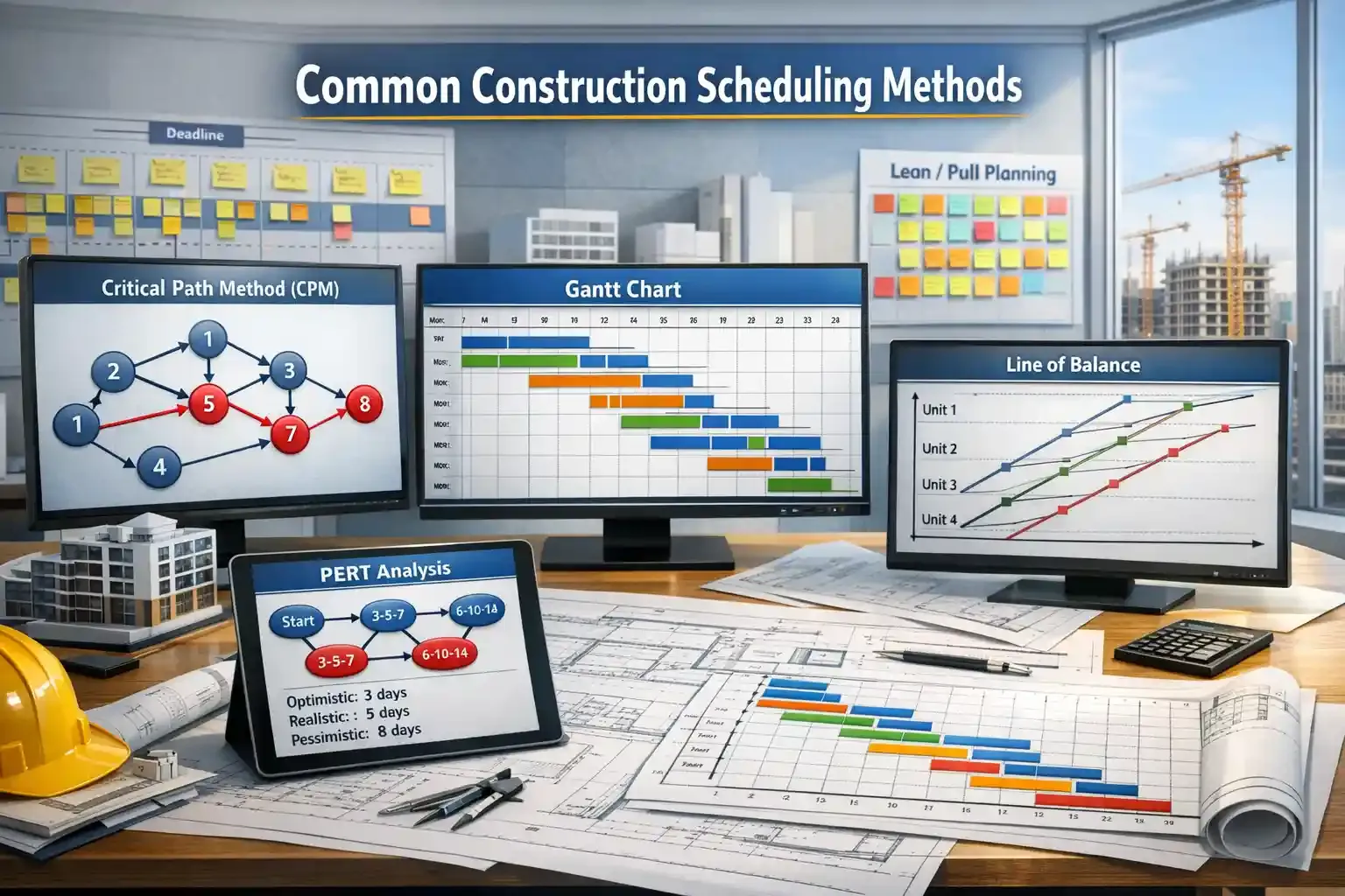 Modern workspace showing construction scheduling methods with charts and diagrams